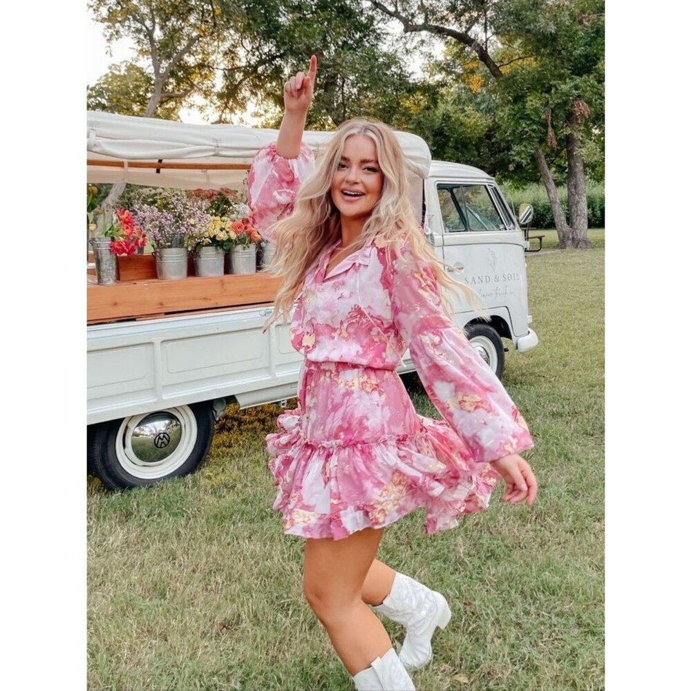 BUDDY LOVE NWT Pink/Gold Marble Long Sleeve Tiered Mini Dress M